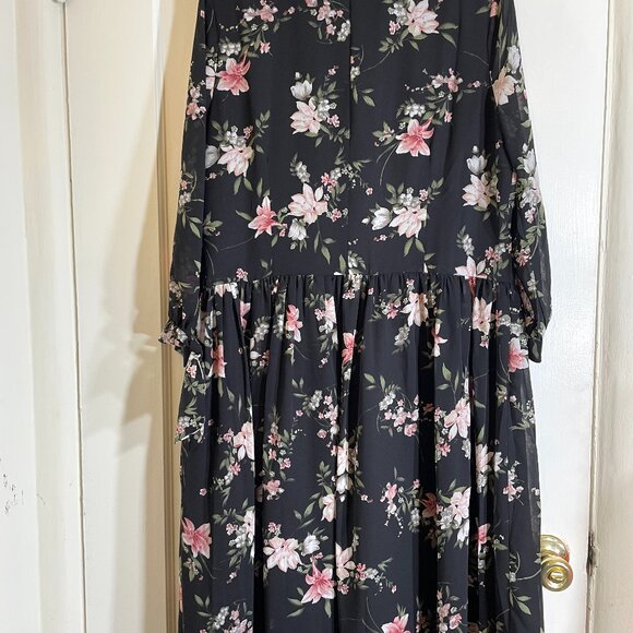 Unique Vintage - Black Floral Chiffon Dress - Size XL/14 - Picture 4 of 9